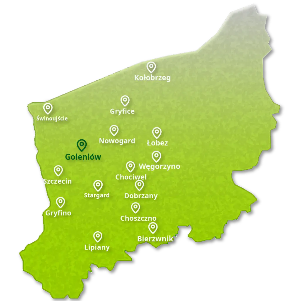 Mapa województwa zachodniopomorskiego z zaznaczonym obszarem działania EcoAudit - audyt energetyczny Goleniów i okolice z darmowym dojazdem