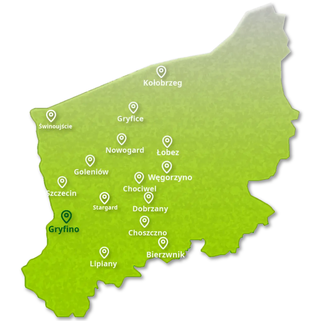 Mapa województwa zachodniopomorskiego z zaznaczonym obszarem działania EcoAudit - audyt energetyczny Gryfino i okolice z darmowym dojazdem
