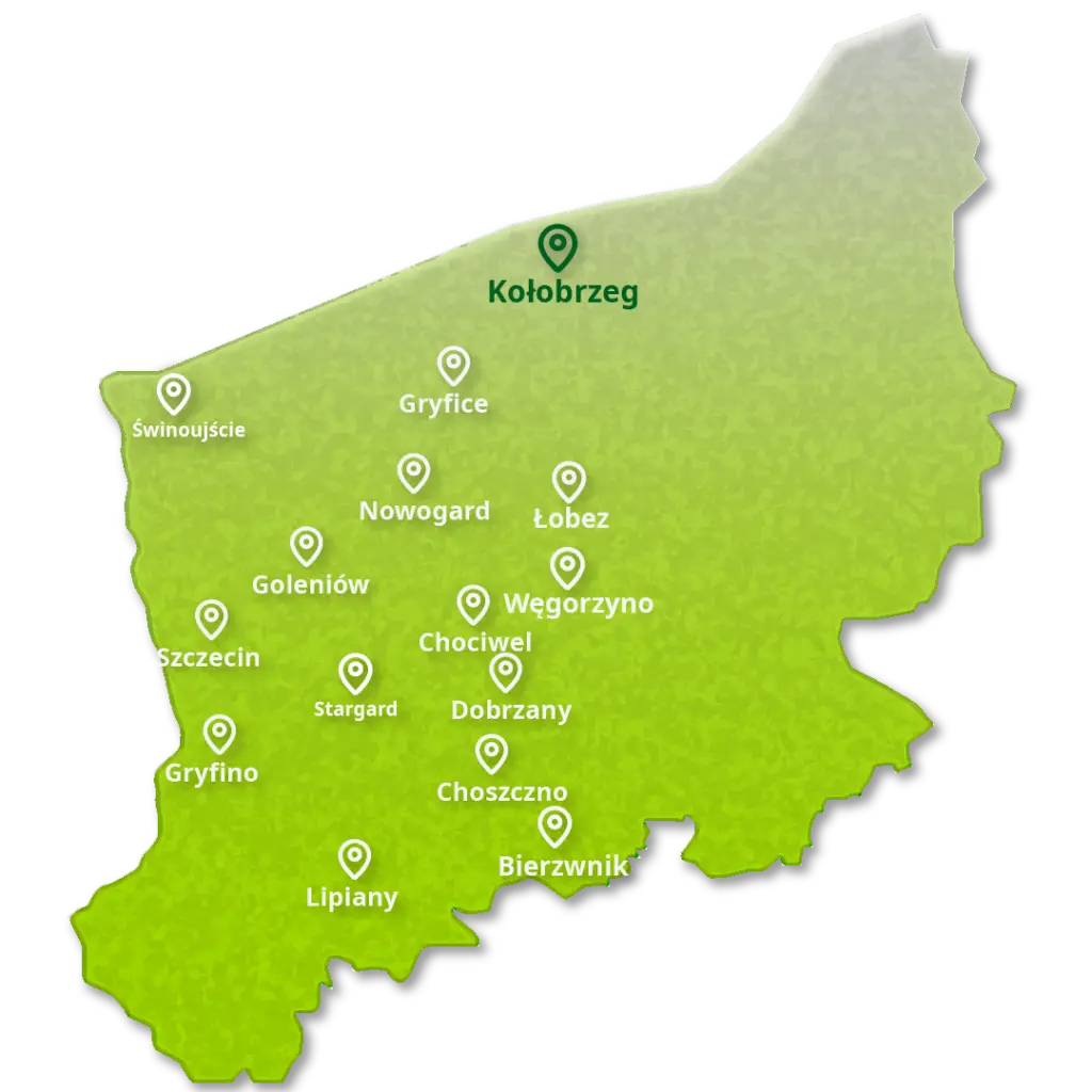 Mapa województwa zachodniopomorskiego z zaznaczonym obszarem działania EcoAudit - audyt energetyczny Kołobrzeg i okolice z darmowym dojazdem.
