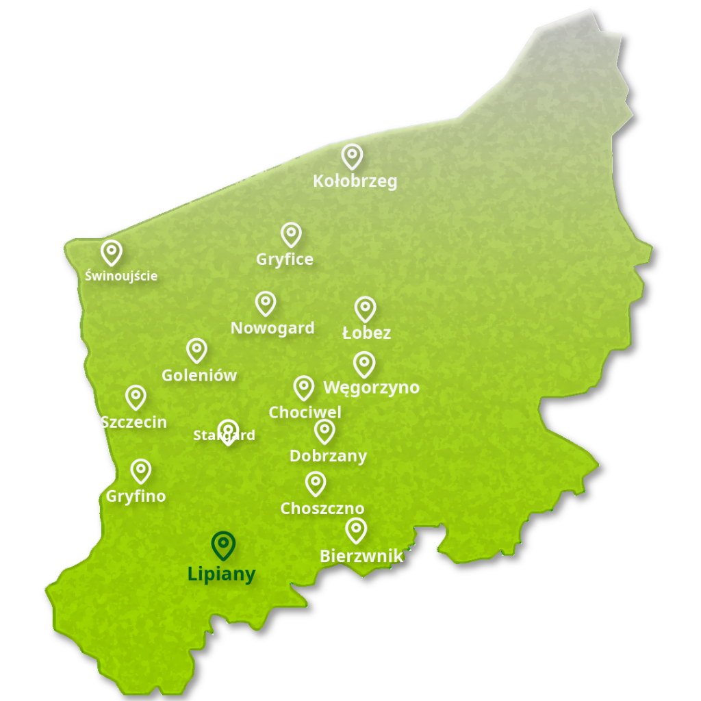 Mapa województwa zachodniopomorskiego z zaznaczonym obszarem działania EcoAudit - audyt energetyczny Lipiany i okolice z darmowym dojazdem.