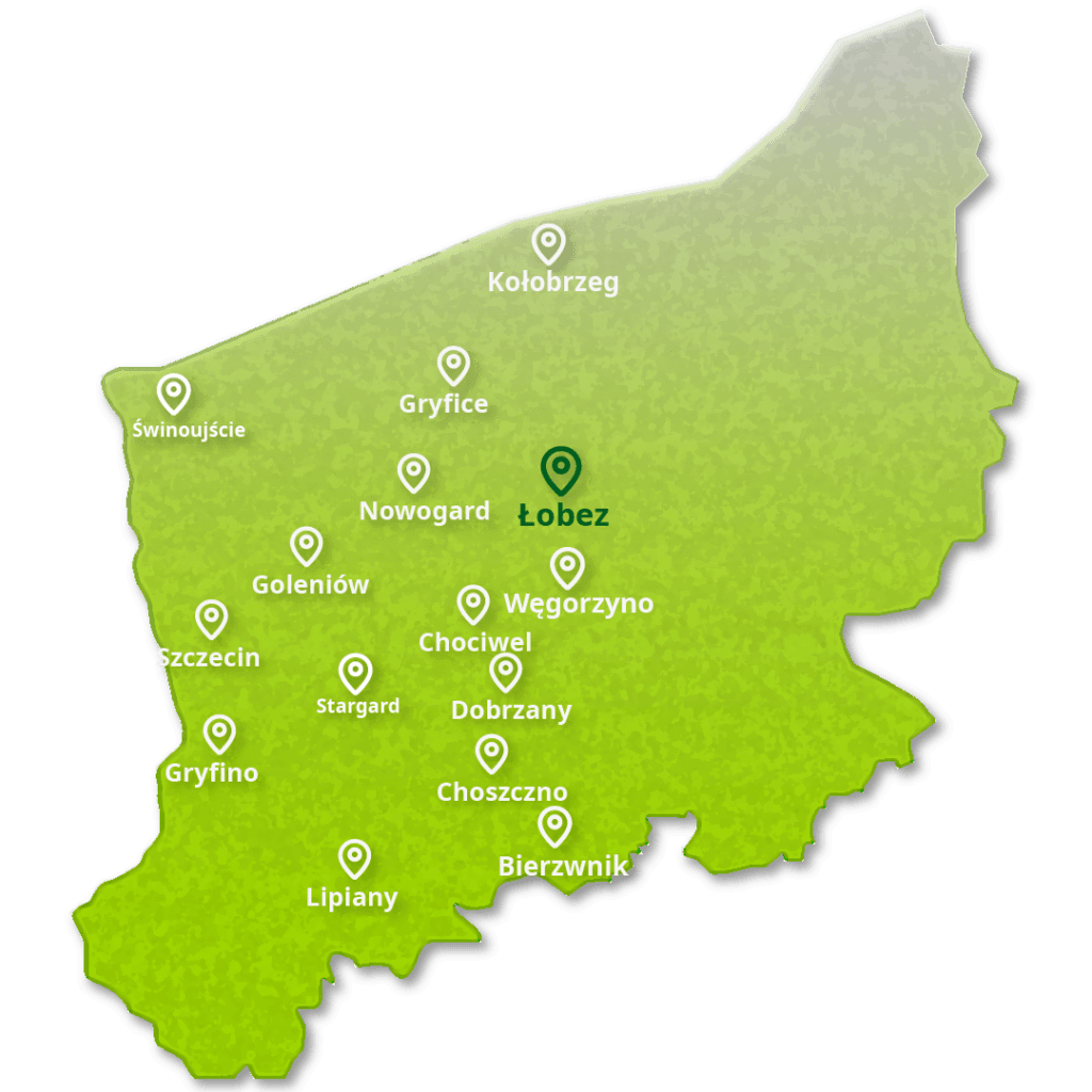Mapa województwa zachodniopomorskiego z zaznaczonym obszarem działania EcoAudit - audyt energetyczny Łobez i okolice z darmowym dojazdem.