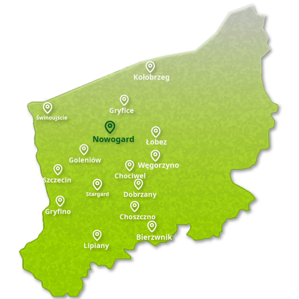 Mapa województwa zachodniopomorskiego z zaznaczonym obszarem działania EcoAudit - audyt energetyczny Nowogard i okolice z darmowym dojazdem.