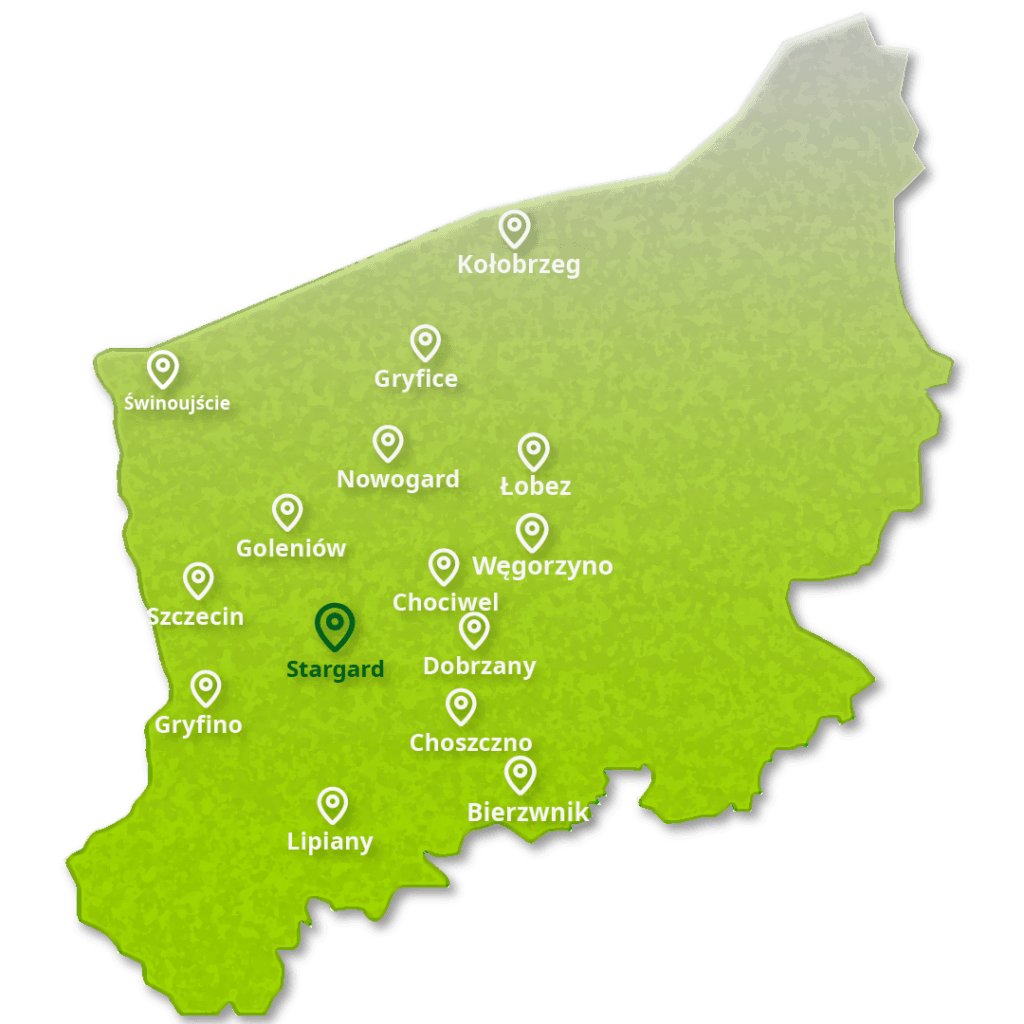 Mapa województwa zachodniopomorskiego z zaznaczonym obszarem działania EcoAudit - audyt energetyczny Stargard i okolice z darmowym dojazdem