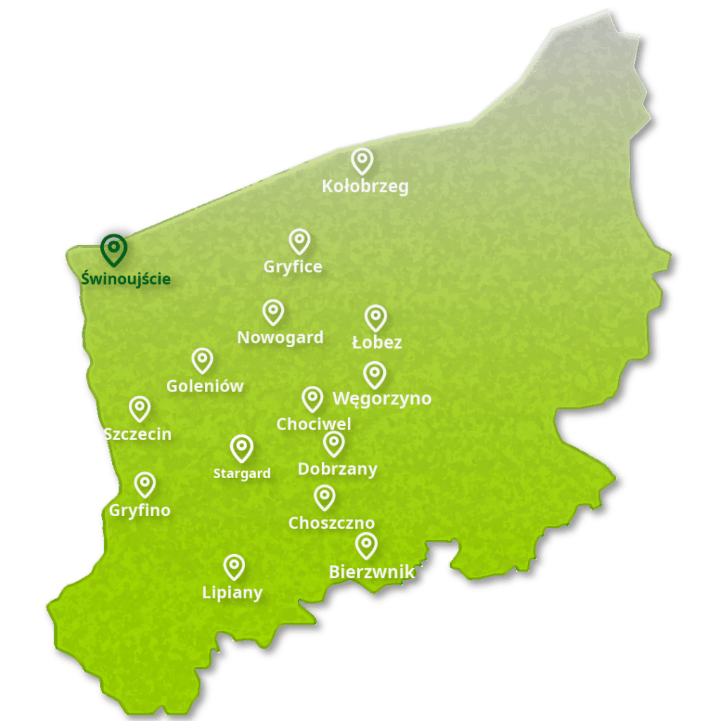 Mapa województwa zachodniopomorskiego z zaznaczonym obszarem działania EcoAudit - audyt energetyczny Goleniów i okolice z darmowym dojazdem