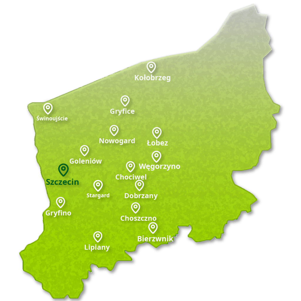 Mapa województwa zachodniopomorskiego z zaznaczonym obszarem działania EcoAudit - audyt energetyczny Szczecin i okolice z darmowym dojazdem